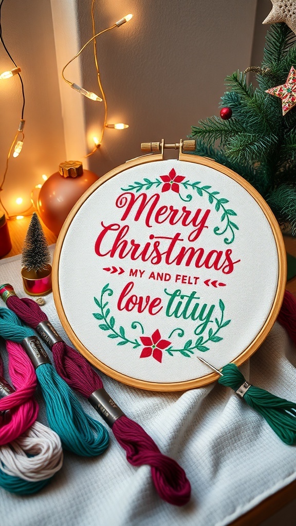 An embroidered Christmas quote surrounded by embroidery supplies and festive decorations.